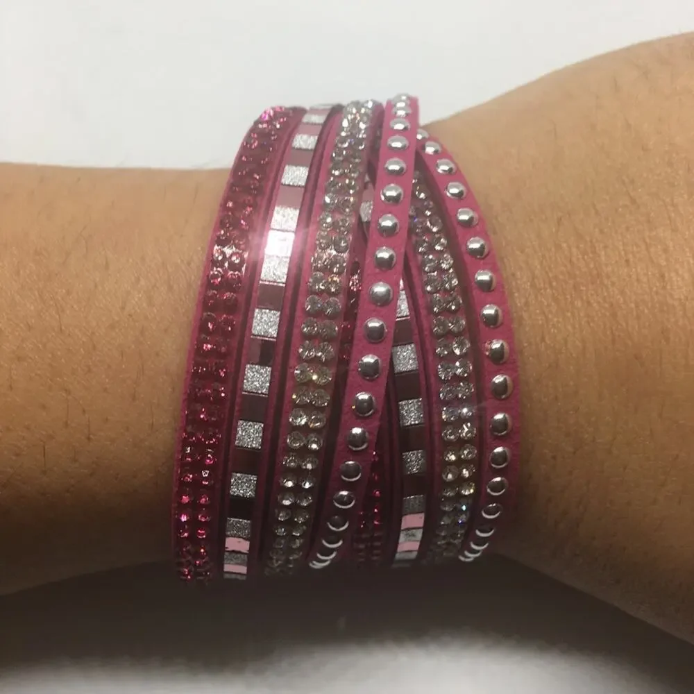 Mix Stud Slit Layer Wrap Bracelet - Fuchsia - Picture 2 of 4